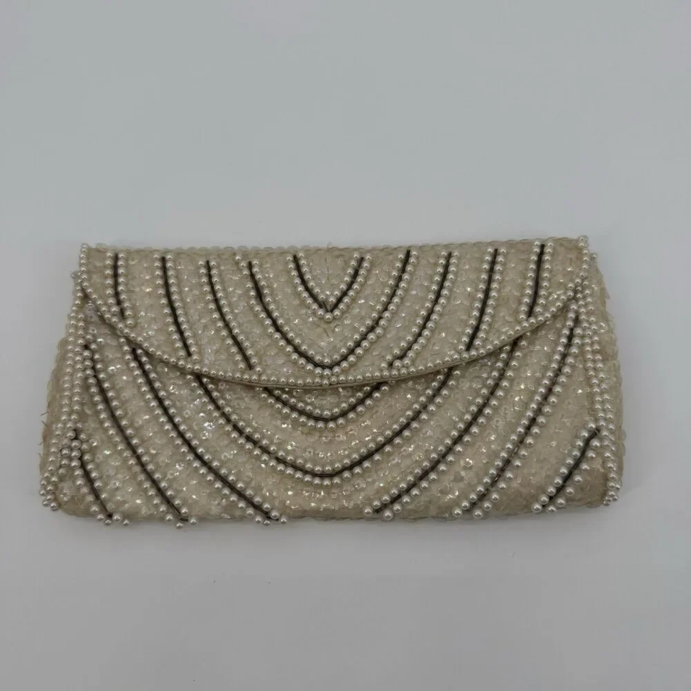 Bonsoir Vintage Beaded Clutch Bag Evening Bag Satin Glam Bridal